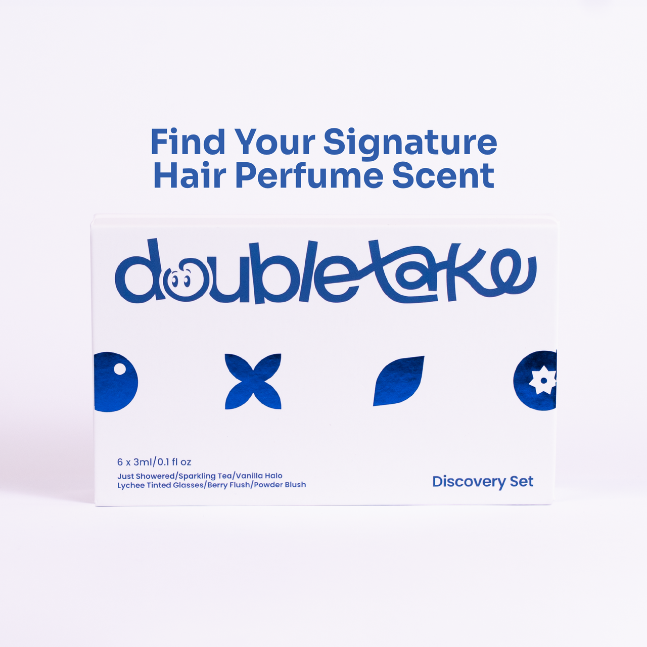 Double Take hair perfume discovery set box on a white background with blue text reading 'Find Your Signature Hair Perfume Scent' above it.