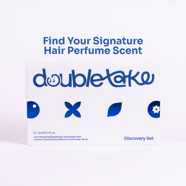 Double Take hair perfume discovery set box on a white background with blue text reading 'Find Your Signature Hair Perfume Scent' above it.