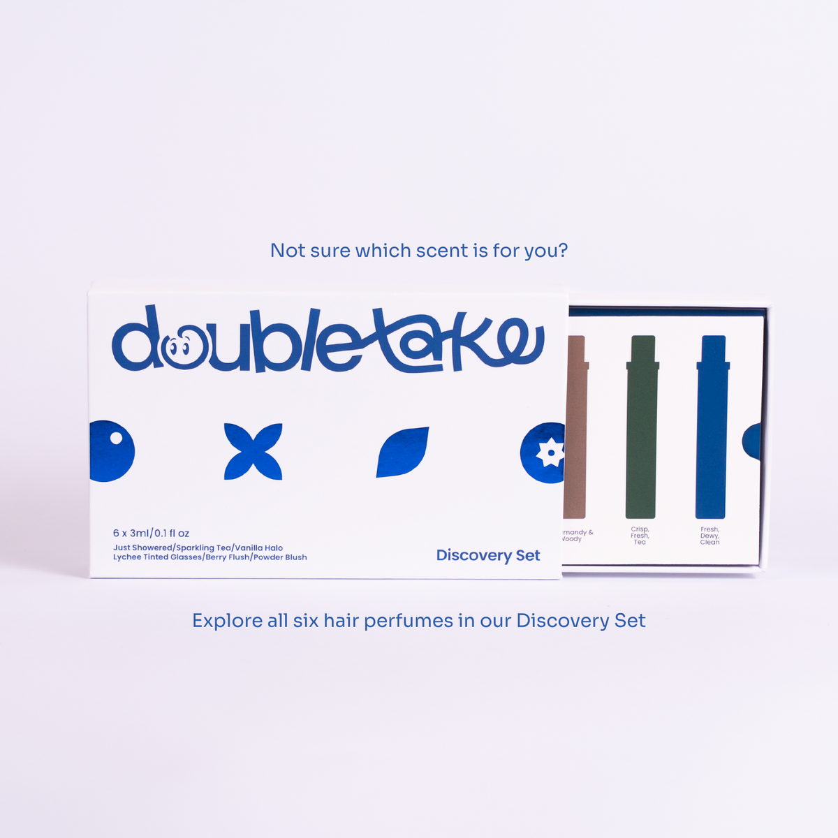 Double Take Discovery Set box for 6 hair perfumes on a light gray background with blue promotional text above and below.