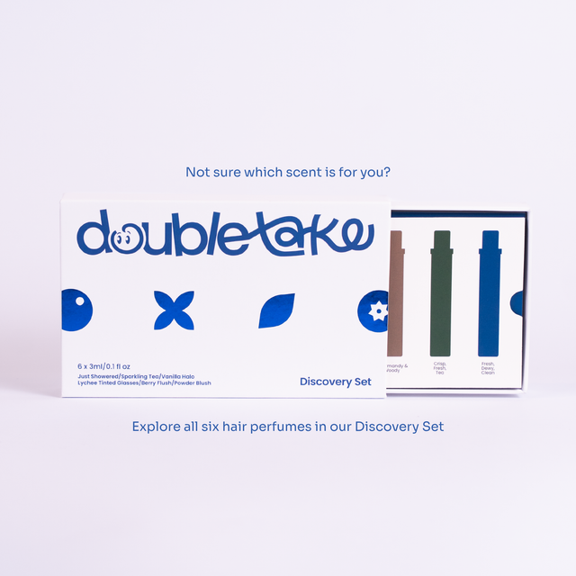 Double Take Discovery Set box for 6 hair perfumes on a light gray background with blue promotional text above and below.