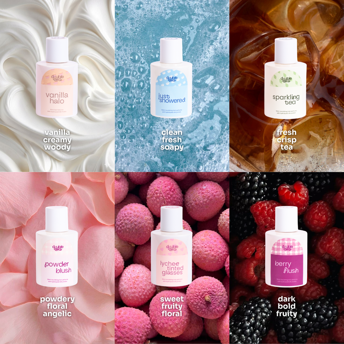 Six small white bottles of hair perfume are arranged in a 2x3 grid, each shown with a different flavor/scene background and text label. The bottles include vanilla halo, just showered, sparkling tea, powder blush, lychee tinted glasses, and berry flush.