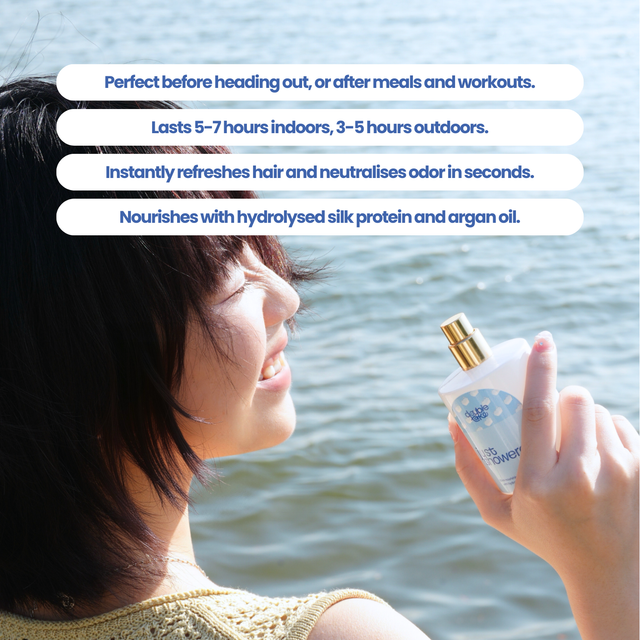 Person holding a bottle of hair perfume by a body of water with text about its benefits.