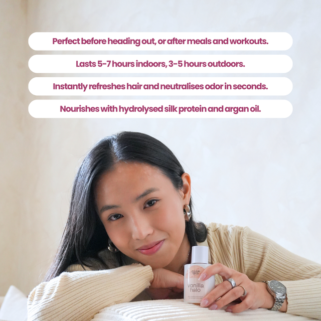 Woman holding a bottle of hair perfume with text about its benefits on a light background