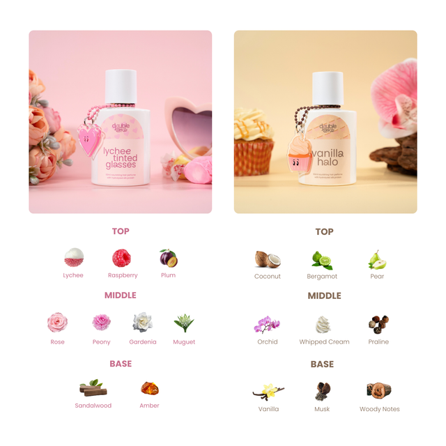 Two perfume bottles with fragrance notes displayed below on a white background