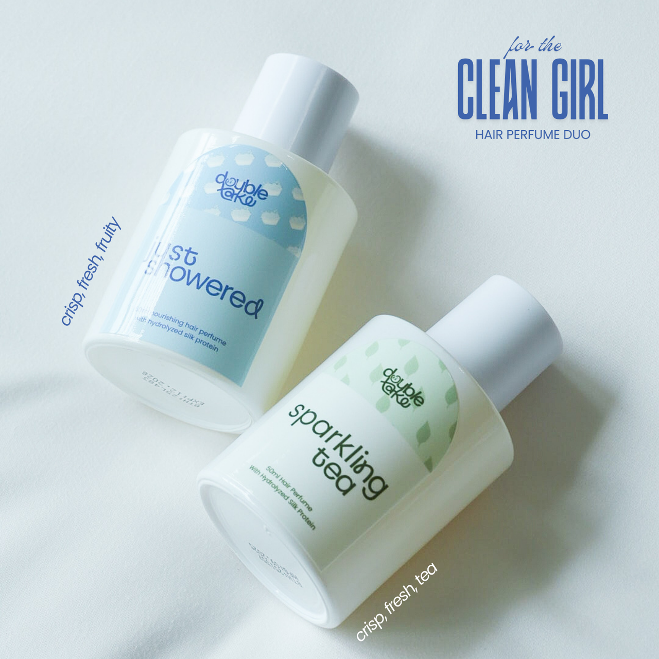 Two hair perfume bottles labeled 'Last Powered' and 'Sparkling Tea' on a light background with text 'For the Clean Girl'.