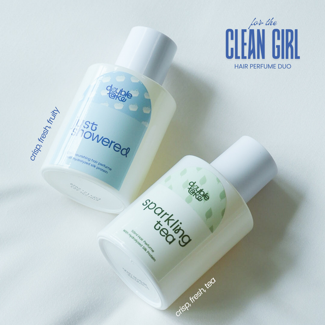 Two hair perfume bottles labeled 'Last Powered' and 'Sparkling Tea' on a light background with text 'For the Clean Girl'.