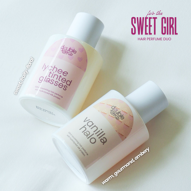Two bottles of double take hair perfume on a light background with product names and scents displayed.